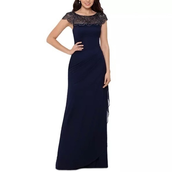 Xscape Dresses & Skirts - XSCAPE Beaded-Detail Sheer embellished neckline Jersey Knit Gown in Navy Size 8